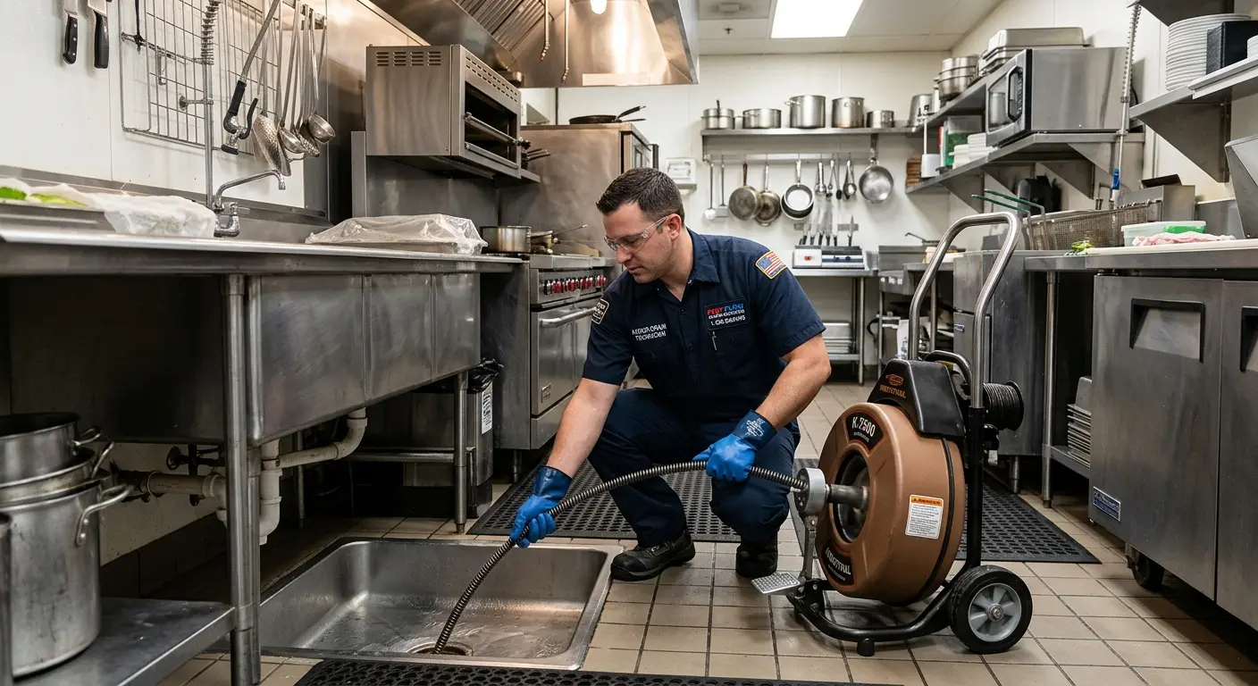 Commercial drain cleaning service in a restaurant kitchen in University Place
